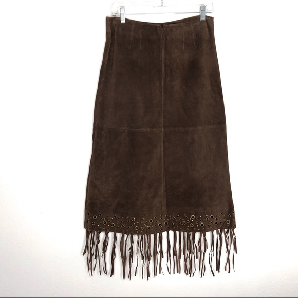 Margaret Godfrey Brown Suede Grommet Fringe Skirt - Picture 2 of 11
